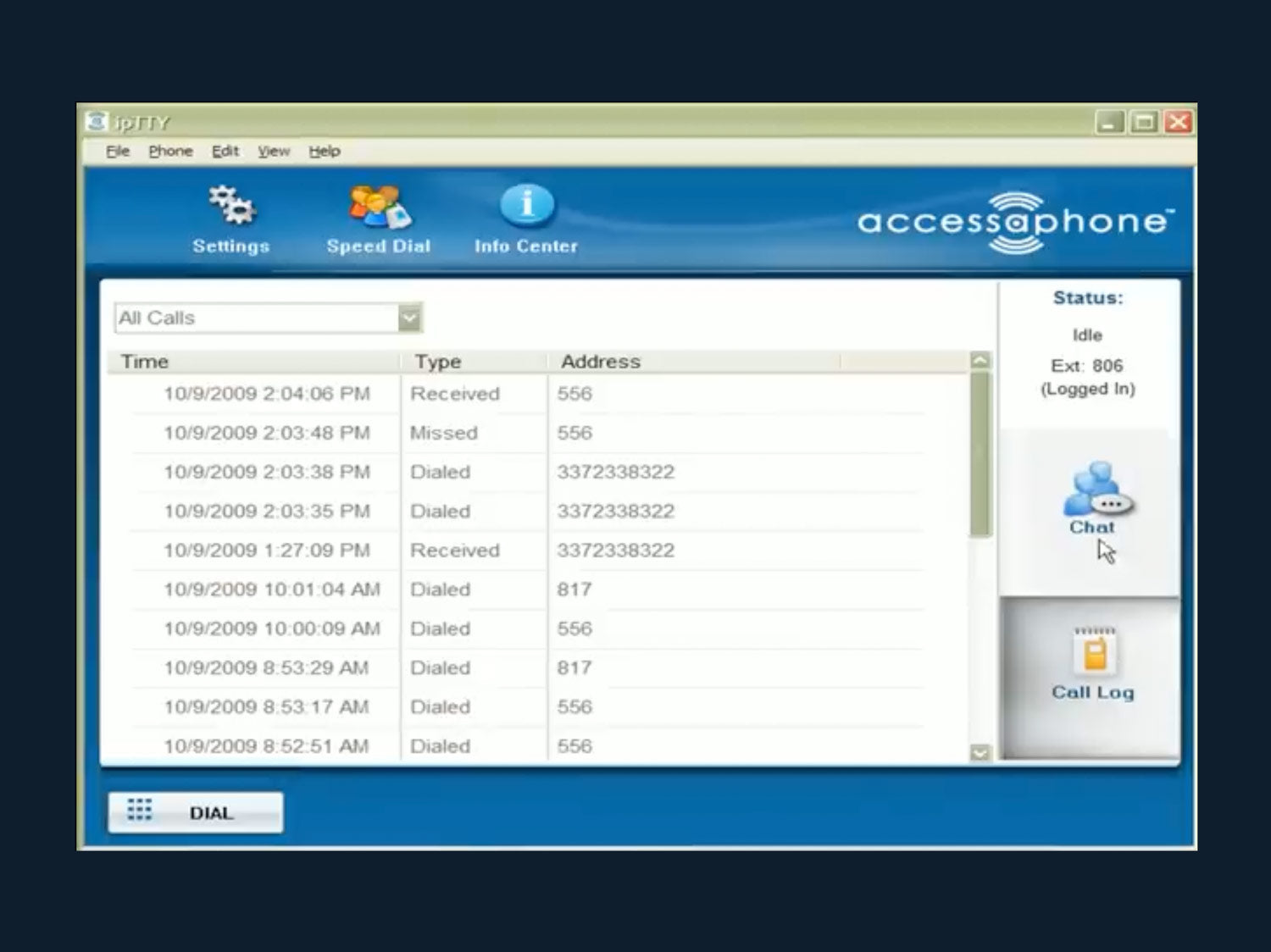 Preview of Accessaphone user interface showing call history