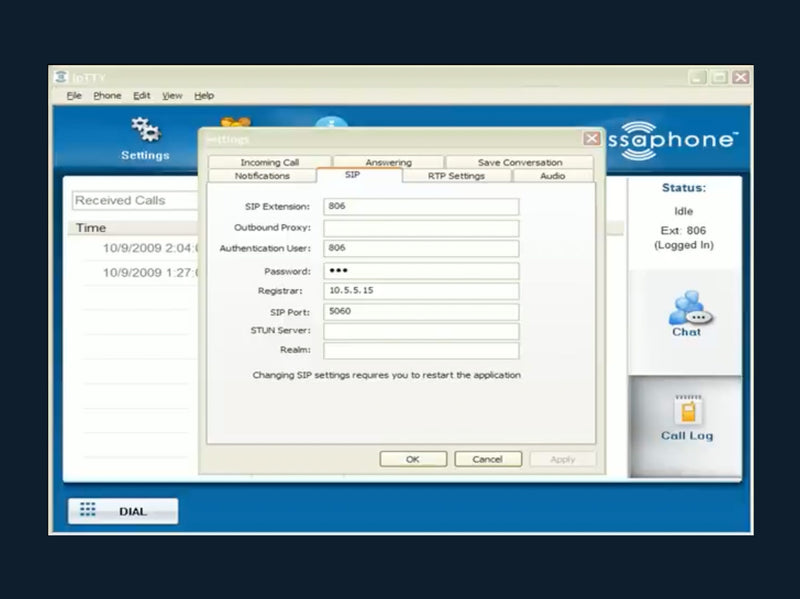 Preview of Accessaphone user interface, showing SIP settings