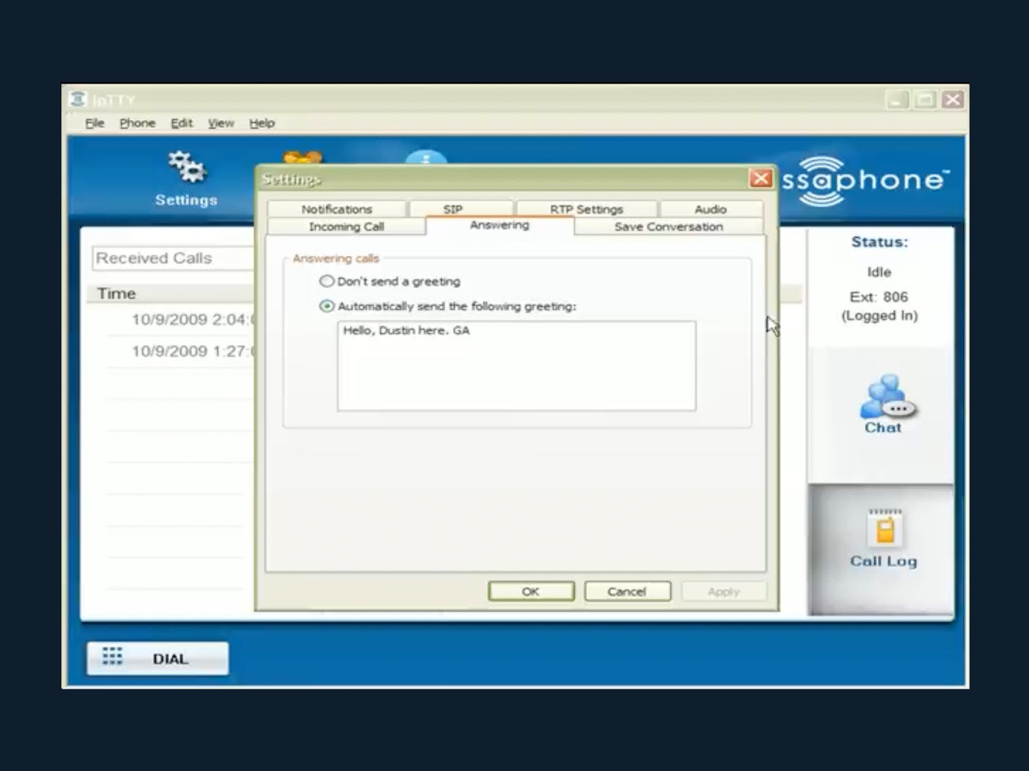 Preview of Accessaphone user interface, showing Answering settings