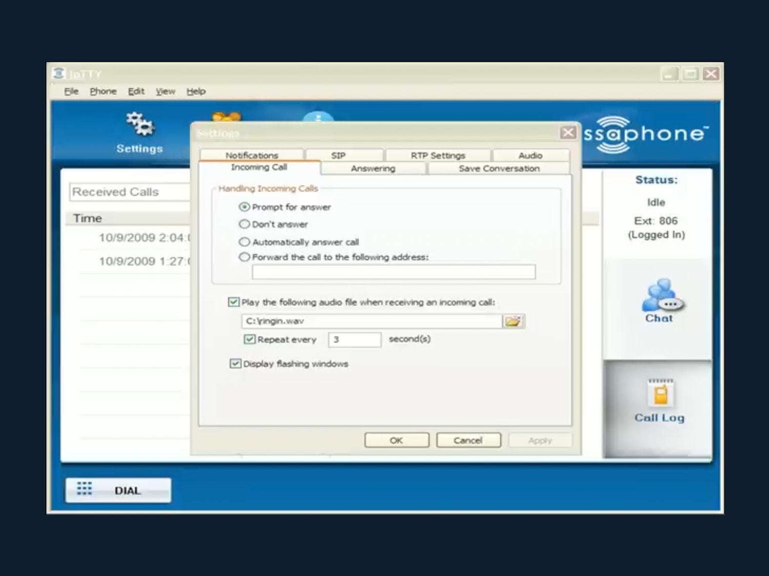 Preview of Accessaphone user interface, showing Incoming Call settings