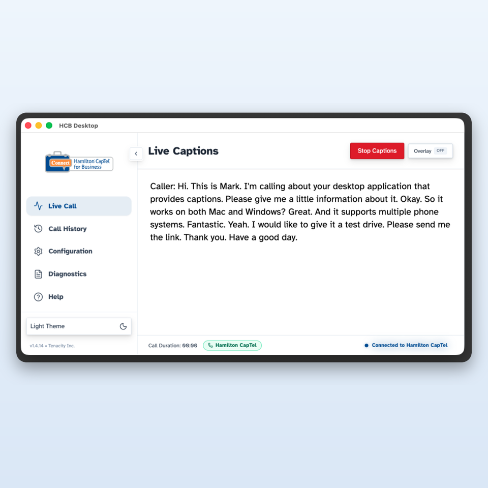 HCB Desktop app displaying live captions of a phone call