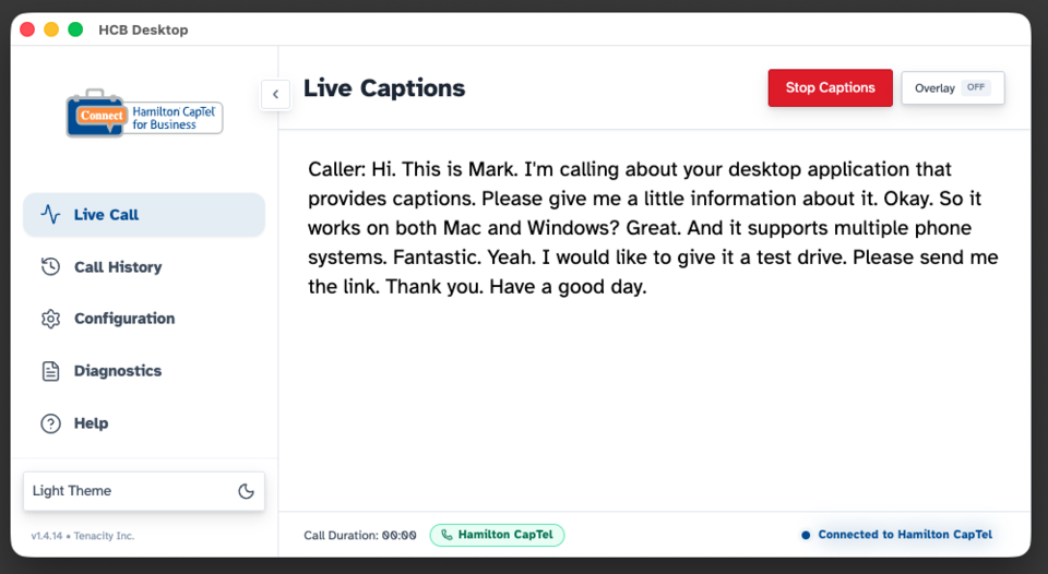 HCB Desktop showing live captions of a phone call in the light theme