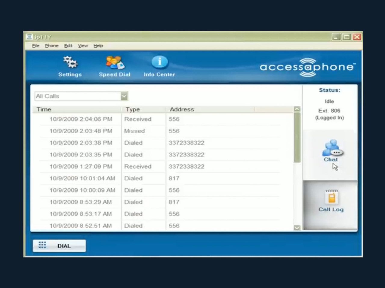 Preview of the ipTTY user interface showing call history