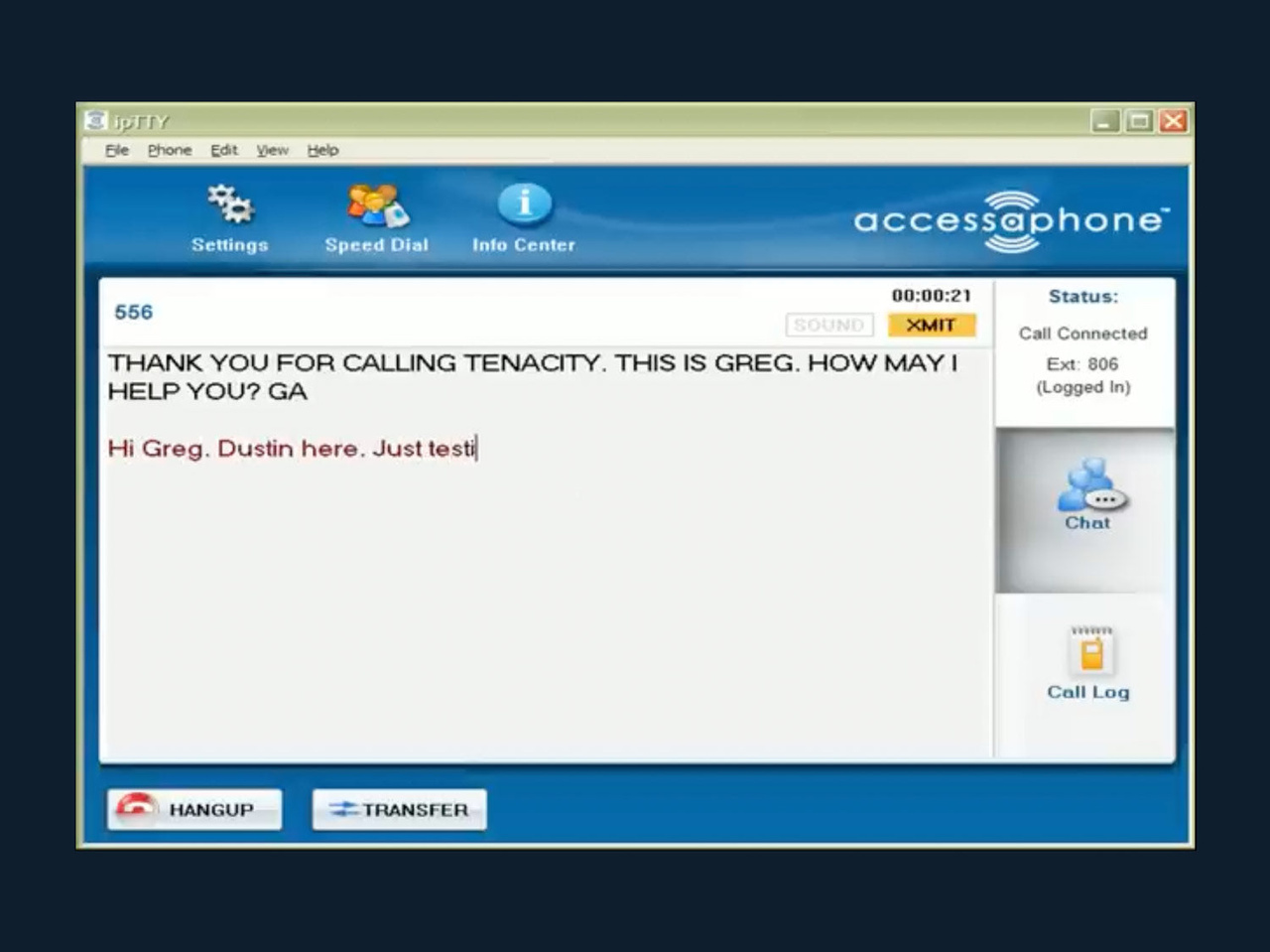 Preview of the ipTTY user interface showing live captioning