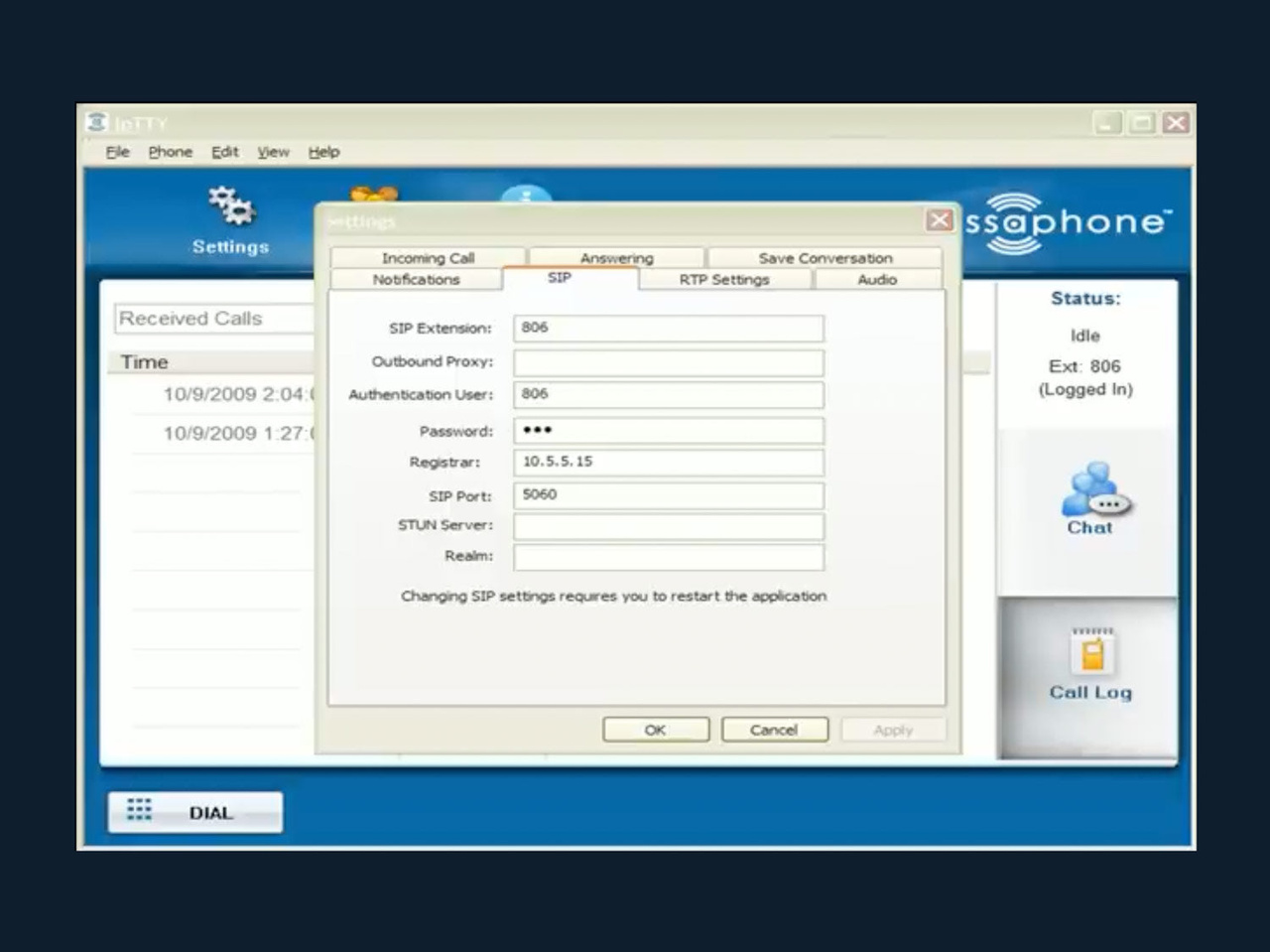 Preview of the ipTTY user interface showing SIP settings