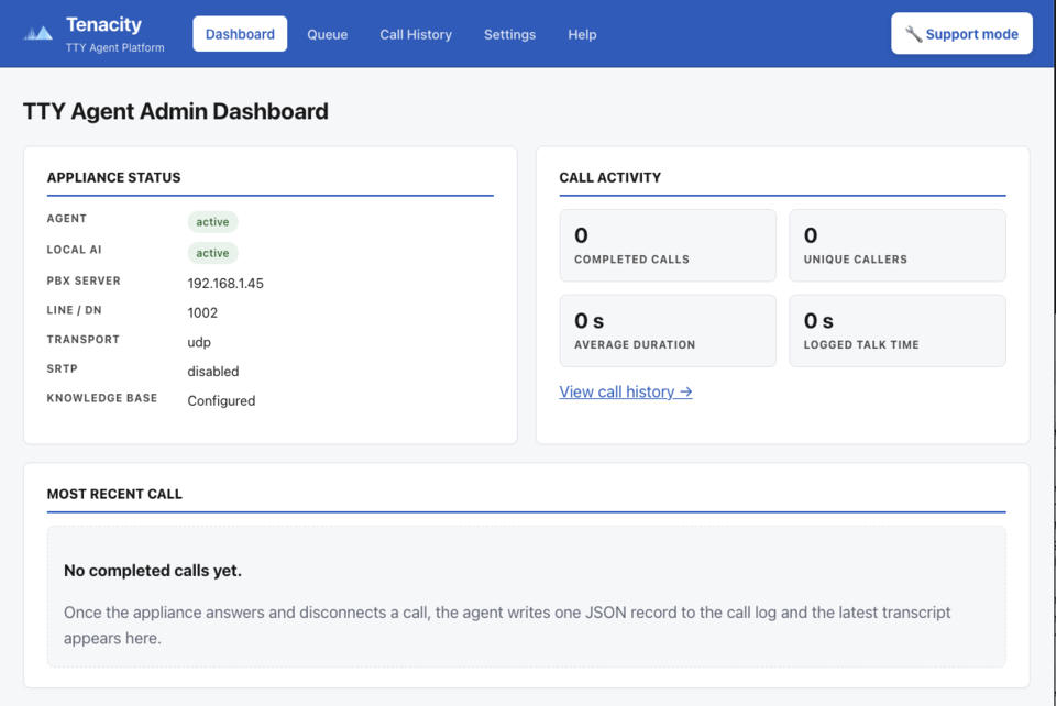 TTY Agent admin dashboard showing appliance health and recent calls