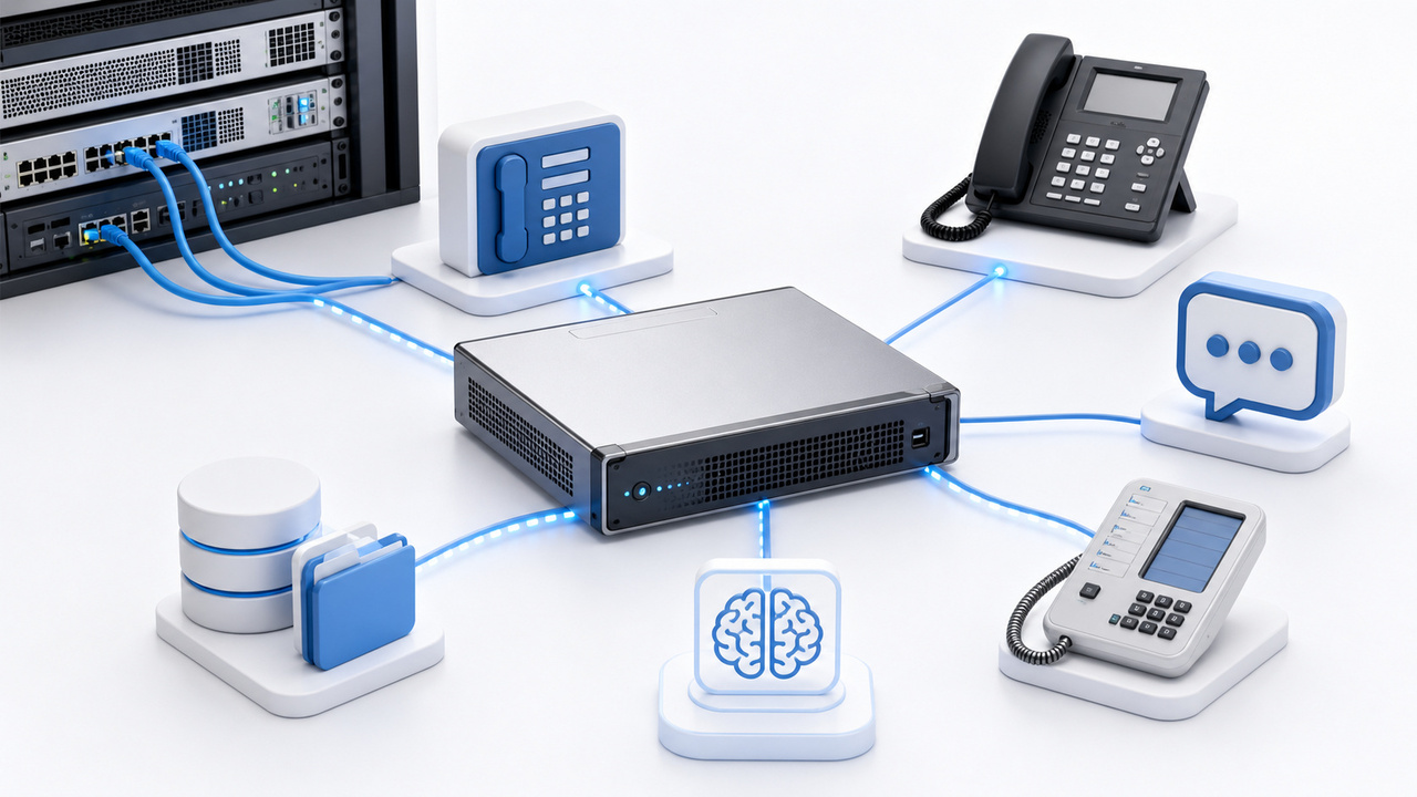 TTY Agent appliance connected to PBX, TTY endpoint, local AI, and knowledge base systems